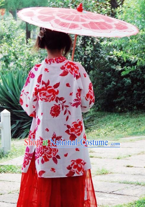 Ancient Chinese Red Flower Wedding Dress and Umbrella