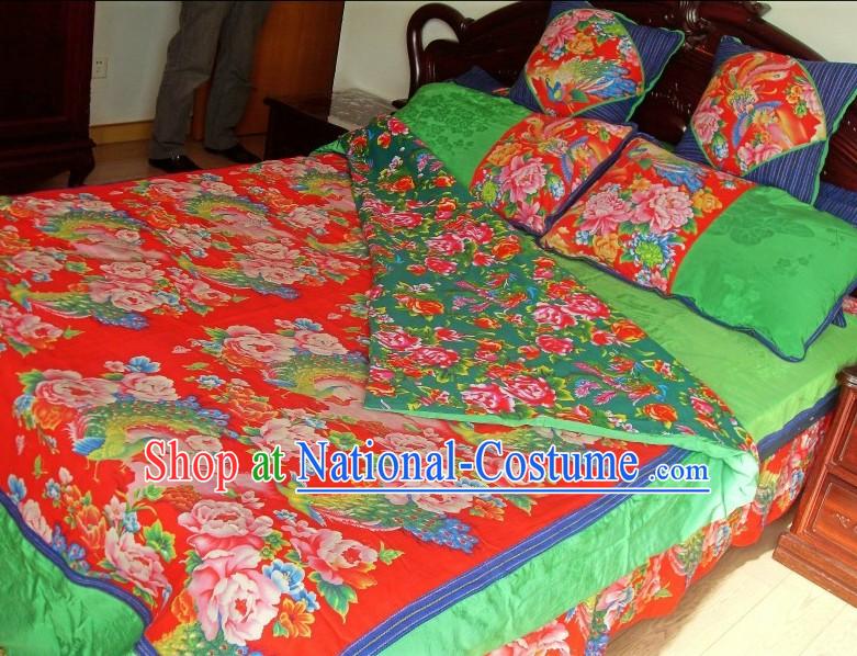 Traditional Chinese Wedding Phoenix Dragon Bed Sheet and Pillows Complete Set