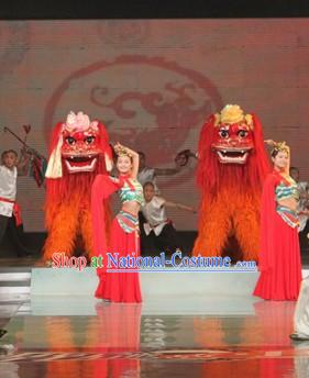 Red Face Long Yak Fur Northern Lion Dance Costume Complete Set