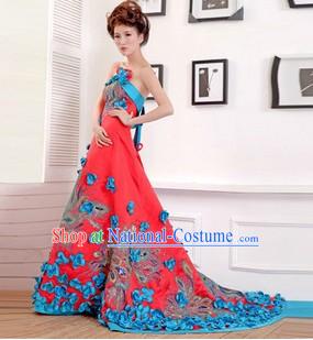 Traditional Chinese Blue Phoenix Wedding Skirt for Brides