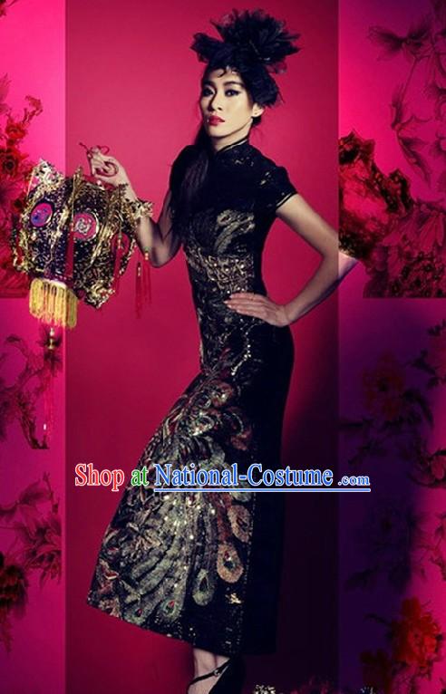 Traditional Chinese Black Phoenix Cheongsam