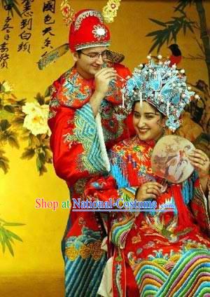 Ancient Chinese Wedding Dresses and Hats 2 Sets for Bride and Bridegroom