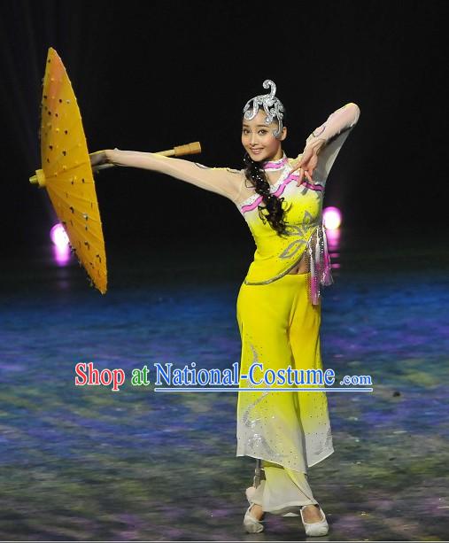 Chinese Umbrella Dance Costume and Hair Decoration Set