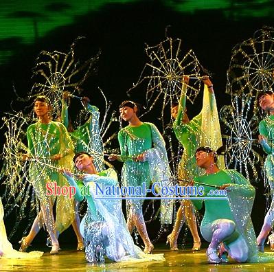 Chinese Umbrella Green Group Dance Costume Set