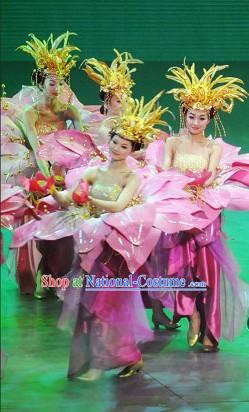 Chinese Color Transition Flower Opening Dance Costume and Hair Decoration Set