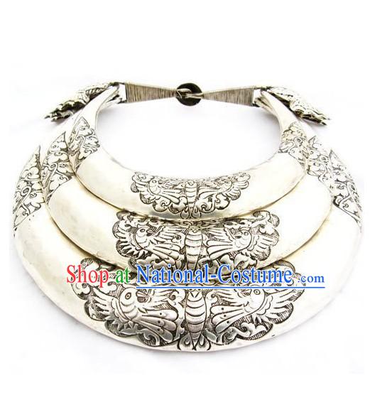 Three Layers Large Silver Miao Minority Necklaces