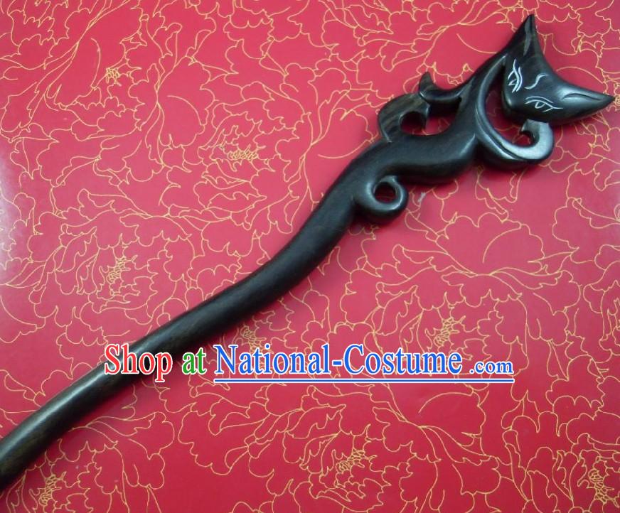 Chinese Hand Made Black Wood Cat Hairpin