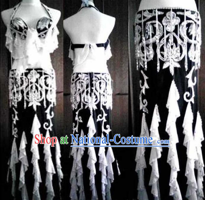 Top Black and White Belly Dance Costumes Complete Set for Women