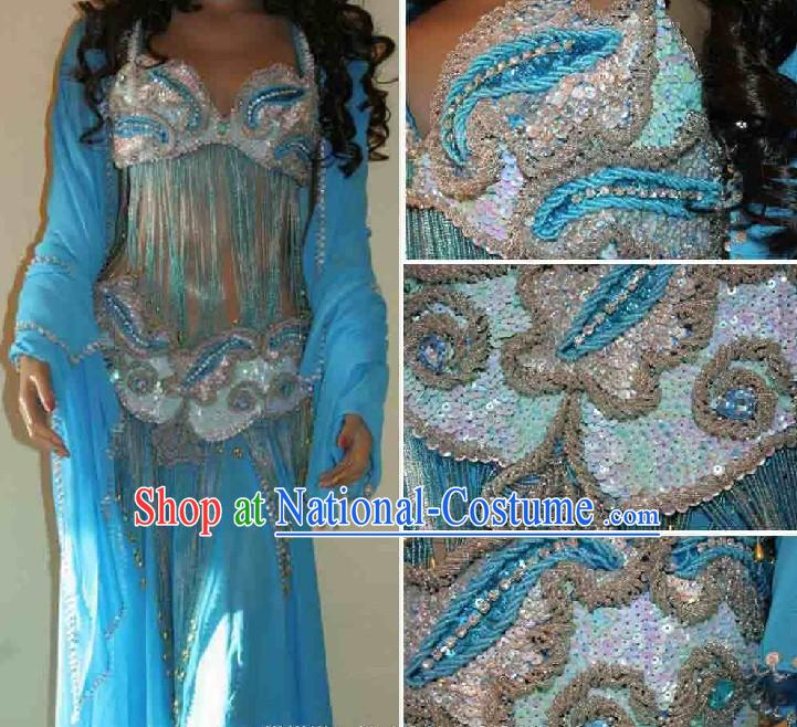 Top Competition Long Blue Belly Dance Costumes Complete Set for Women