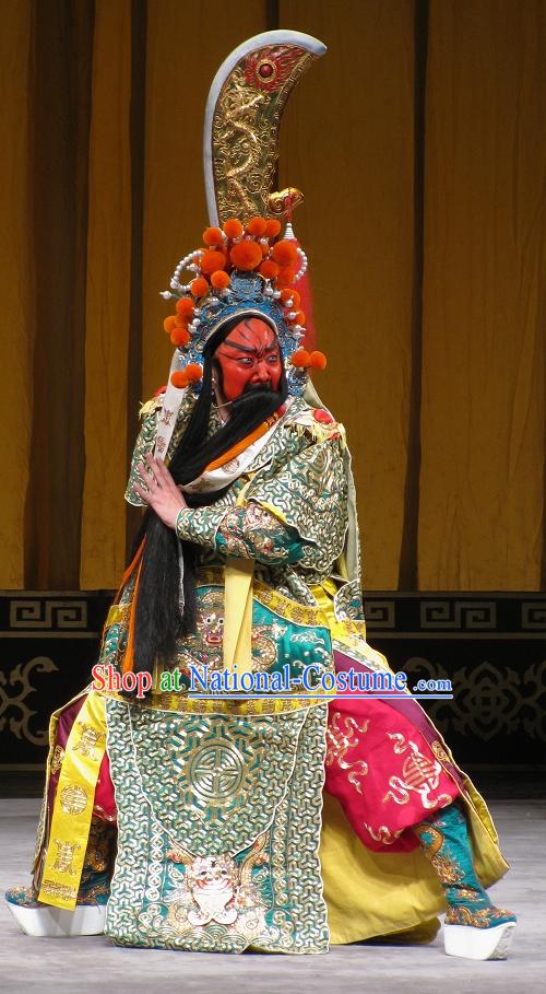 Chinese Guan Gong Beijing Opera Costumes and Hat Complete Set