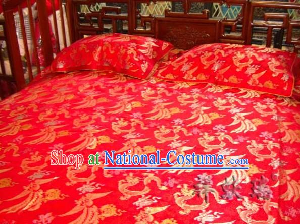 Beijing Rui Fu Xiang Silk Red Dragon Phoenix Wedding Bed Sheet Pillowships Set