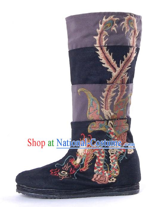 Traditional Chinese Handmade Embroidered Dragon Phoenix Boots