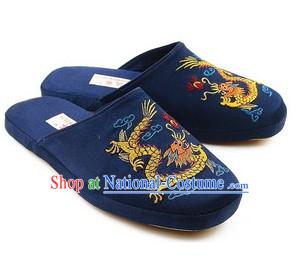 Chinese Handmade Bu Ying Zhai Embroidered Dragon Satin Slippers for Men