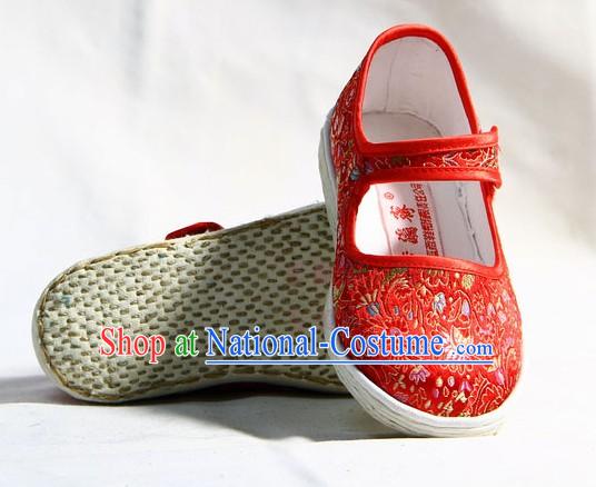 Chinese Handmade Bu Ying Zhai Red Brocade Shoes for Children