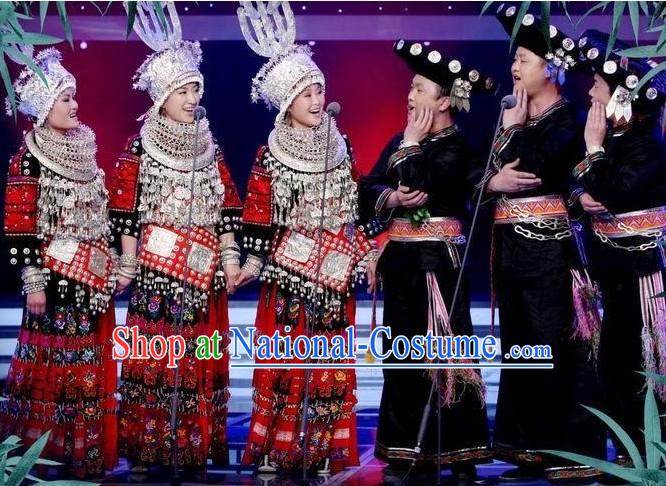 Chinese Miao Male and Female Clothing and Hats 2 Sets