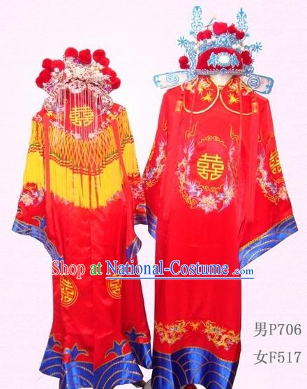 Traditional Chinese Wedding Dresses and Hats Two Sets for Bride and Bridegroom