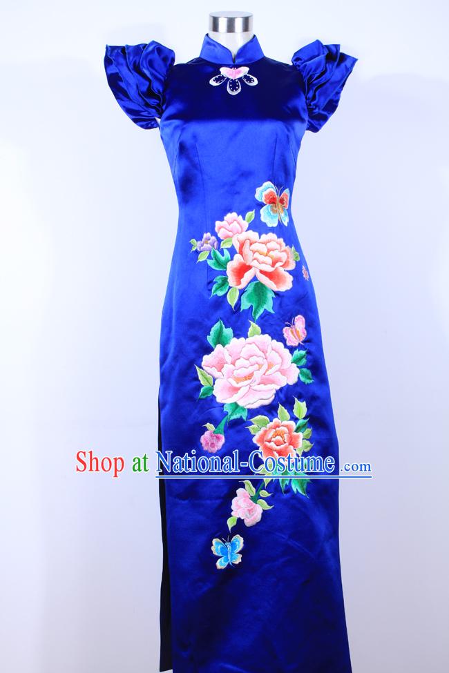 Chinese Blue Peony Silk Cheongsam Qipao