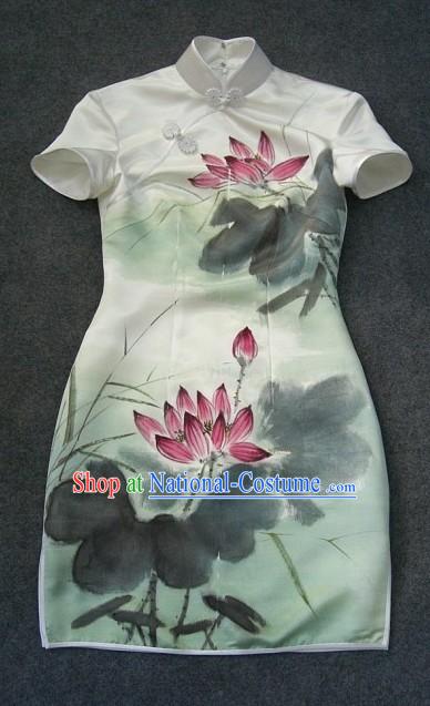 Chinese Hand Painted Silk Lotus Short Qipao