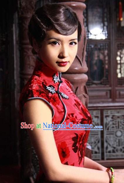 Chinese Tang Red Rose Cheongsam