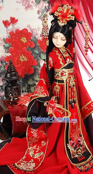 Ancient Chinese BJD Costumes Princess Wedding Dress and Hair Accessories Complete Set