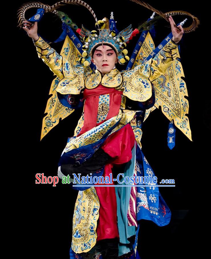 Beijing Opera Wu Sheng Fighting or Military Character Costumes and Hat with Long Feather