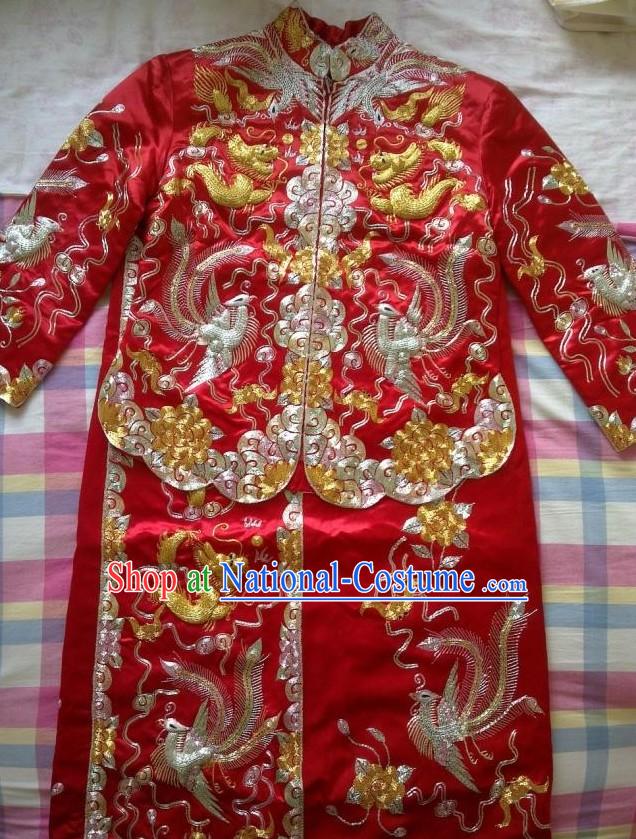 Traditional Chinese Wedding Dragon and Phoenix Bride Dress Suit