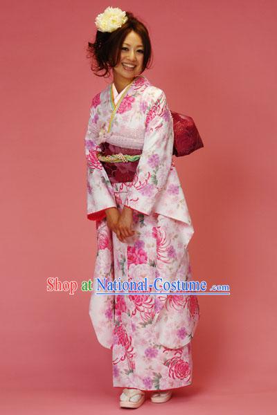 Japanese Classic Pink Furisode Kimono Dress Obi and Geta Sandal Complete Set for Women