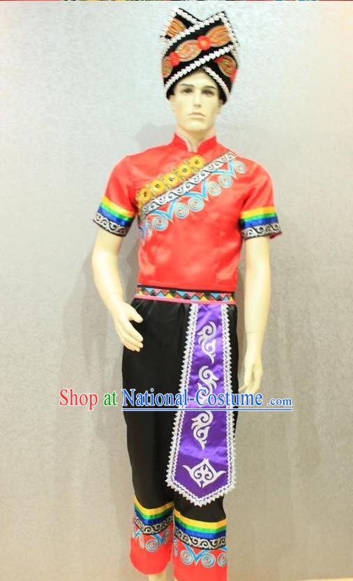 Traditional Chinese Zhuang Clothing and Hat Complete Set