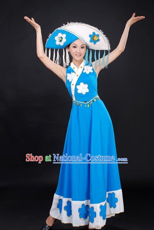 Chinese Folk Dance Costumes and Hat for Women