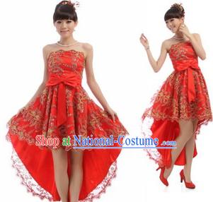 Chinese Classical Red Golden Flower Evening Dress