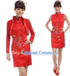 Chinese Classical Red Golden Flower Cheongsam Set