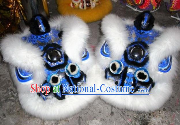 Classical White Long Wool and Blue Base Lion Dance Costume Complete Set