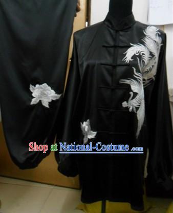 Chinese Embroidered Phoenix Black Silk Kung Fu Dress