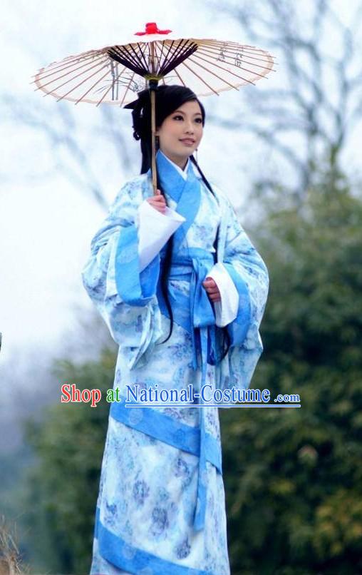 Ancient Chinese Han Dyansty Female Clothing and Umbrella Set