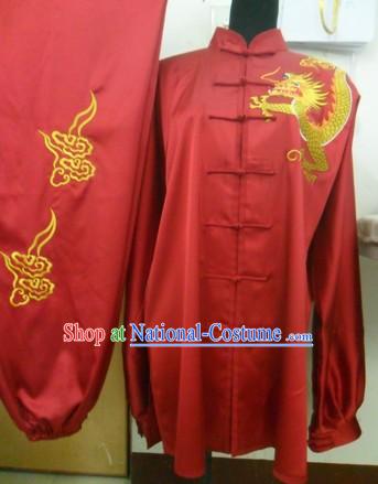 Traditional Chinese Red Dragon Silk Wushu Clothing for Men