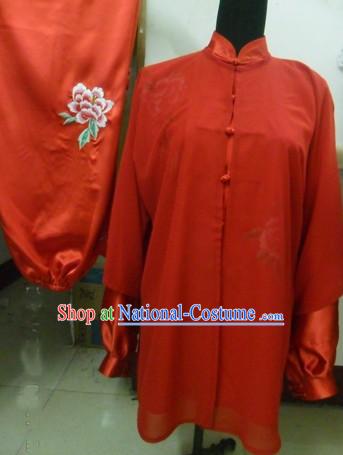 Chinese Red Silk Embroidered Flower Wushu Clothing and Veil Set