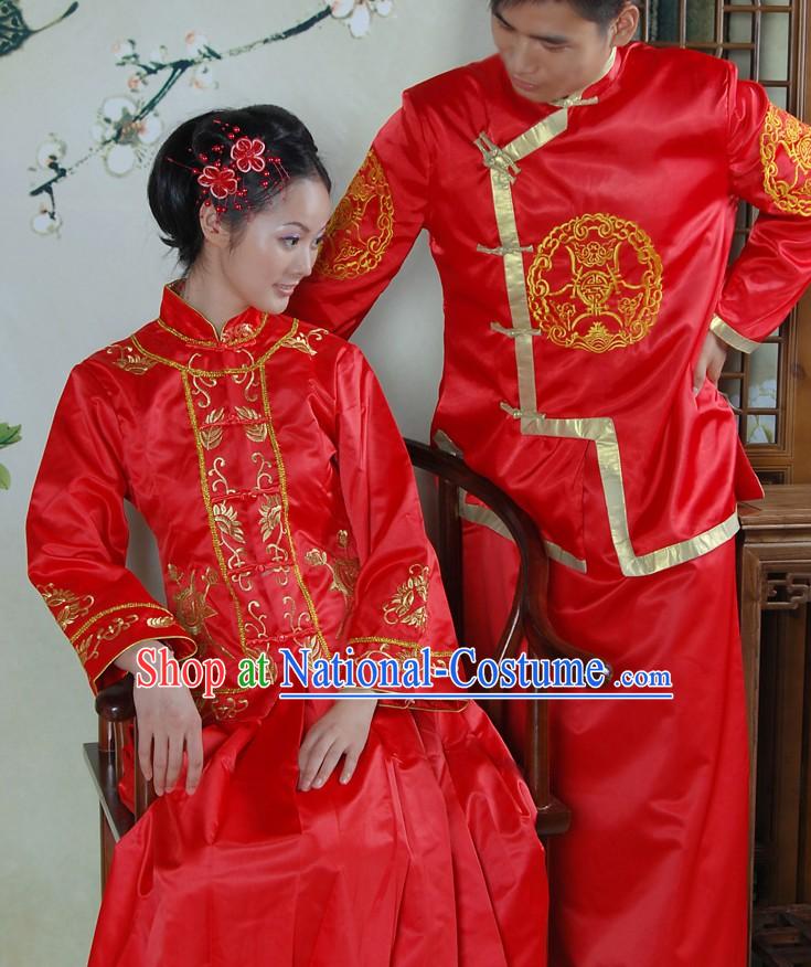 Traditional Chinese Red Wedding Clothes 2 Sets for Men and Women