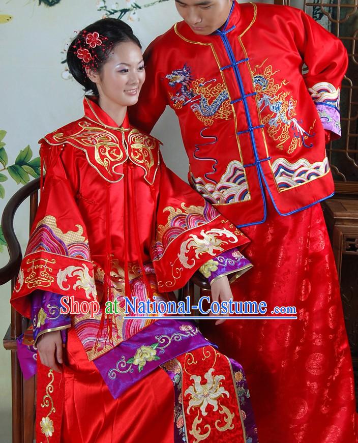 Stunning Chinese Red Dragon and Phoenix Wedding Dresses 2 Sets for Brides and Bridegrooms