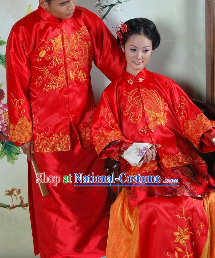 Traditional Chinese Red Dragon and Phoenix Wedding Dresses 2 Sets for Brides and Bridegrooms