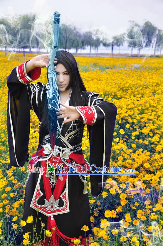 Black Ancient Chinese Swordsman Knight Costume Complete Set for Men