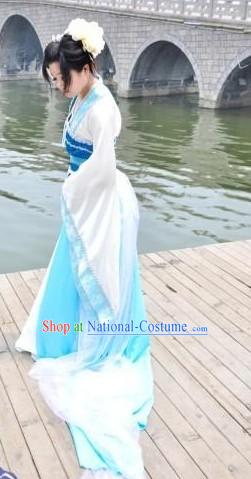 Ancient Chinese White and Blue Lady Clothes and Headpiece