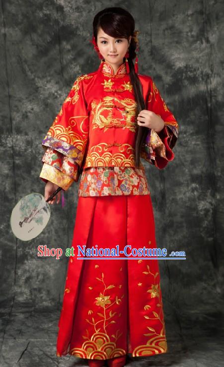 Traditional Chinese Red Phoenix Wedding Clothing for Brides