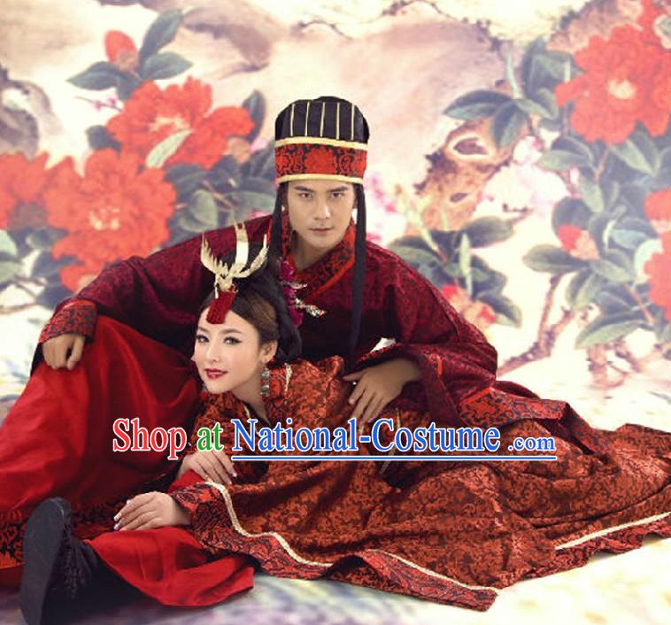 Ancient Chinese Red Royal Wedding Dresses for Brides and Bridegrooms