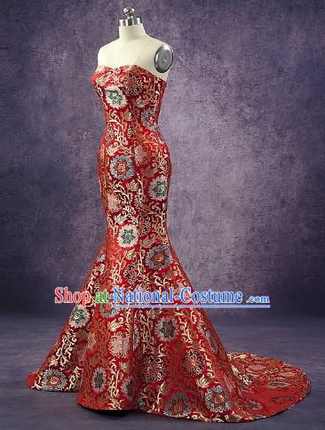 Long Tail Chinese Classic Red Wedding Dress for Women