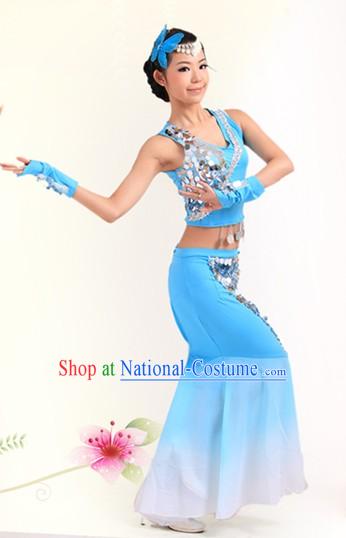 Blue Chinese Dai Ethnic Dance Costumes for Women