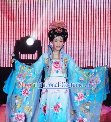 Embroidered Flowers Blue Empress Costumes and Wig for Women