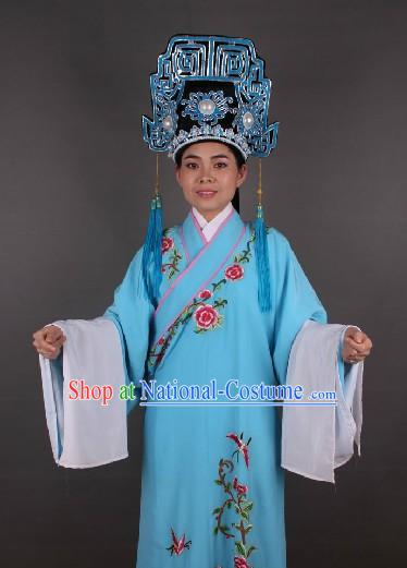 Ancient Chinese Opera Style Xiao Sheng Young Men Blue Costumes and Hat for Men