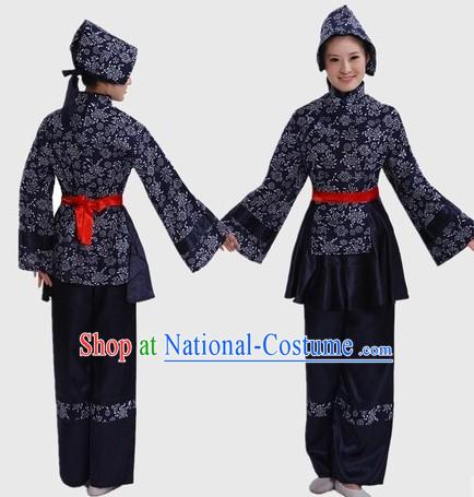 Traditional Chinese Female Farmer Costume and Headpiece for Women