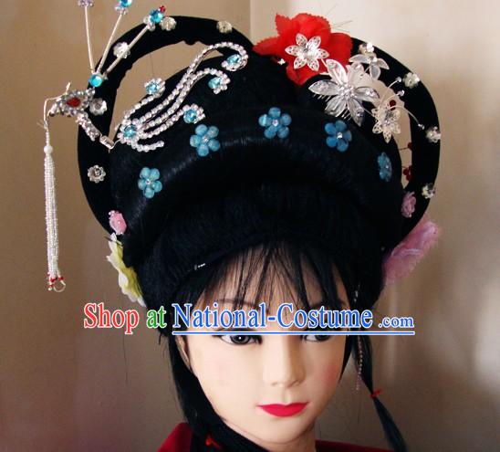 Traditional Chinese Dramatic Huangmei Opera Long Black Braids and Hair Accessories