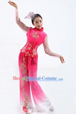 Traditional Chinese Yangge Fan Dancing Costume and Headpiece for Women